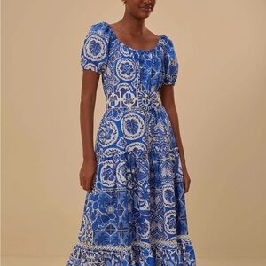 Farm Rio Tile Dream Blue Printed Puff-Sleeve Maxi Dress -XS NWT
